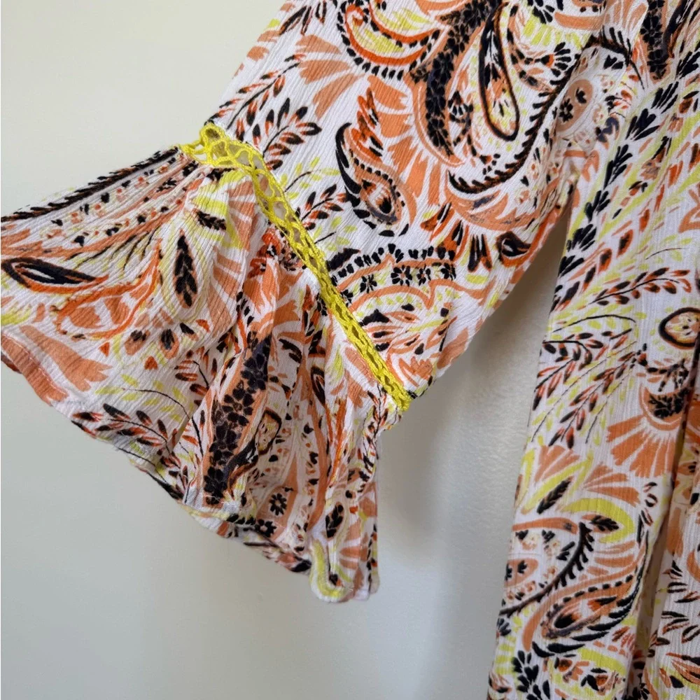 Fever Paisley Blouse Sz M Sulpher Yellow Multicolor On Off Shoulder Top Boho EUC - Picture 4 of 6